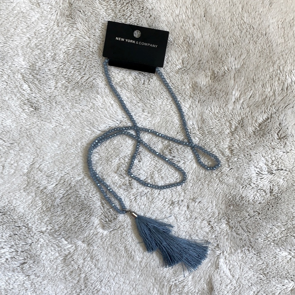 NWT NY&Co Blue beaded tassel long necklace